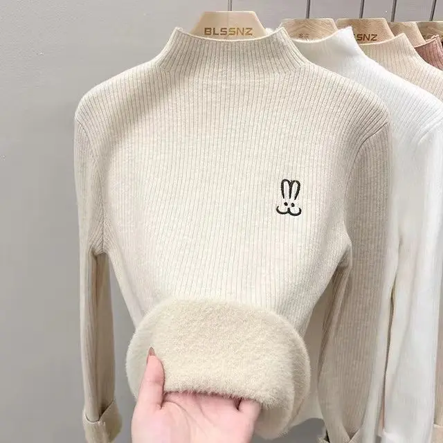 

Fashion Semi-turtleneck Embroidered Integrated Velvet Inner Sweater Women's Warm Bottoming Shirt 2025 Spring And Autumn New Stre