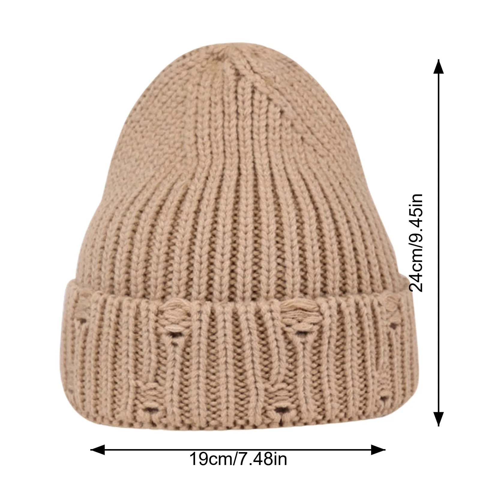Men Women Solid Color Hole Destroyed Knitted Hat Casual Distressed Ribbed Knit Beanie Winter Warm Cuffed Skull Cap