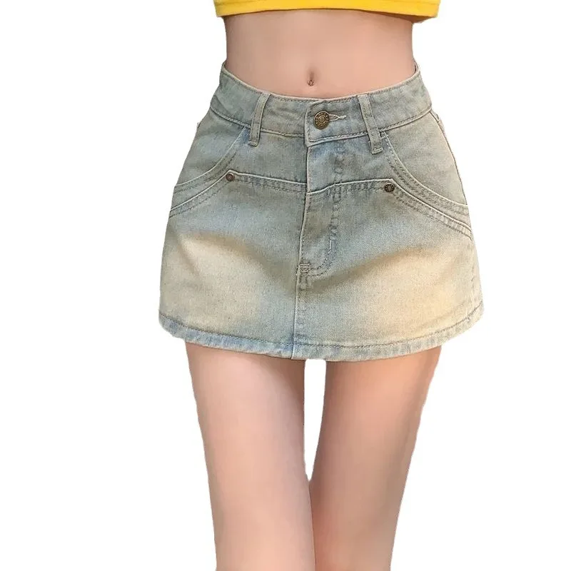 

Новинка 2023 года, винтажная светло-голубая джинсовая юбка, женская летняя антилегкая юбка, брюки, уличная одежда, утягивающие мини-короткие юбки с высокой талией