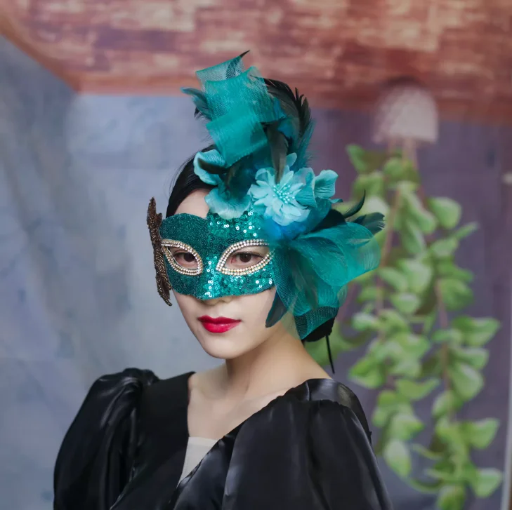 

European and American Venice Green Flower Mask Feather Mask Singer Halloween Carnival Mask Ball Party