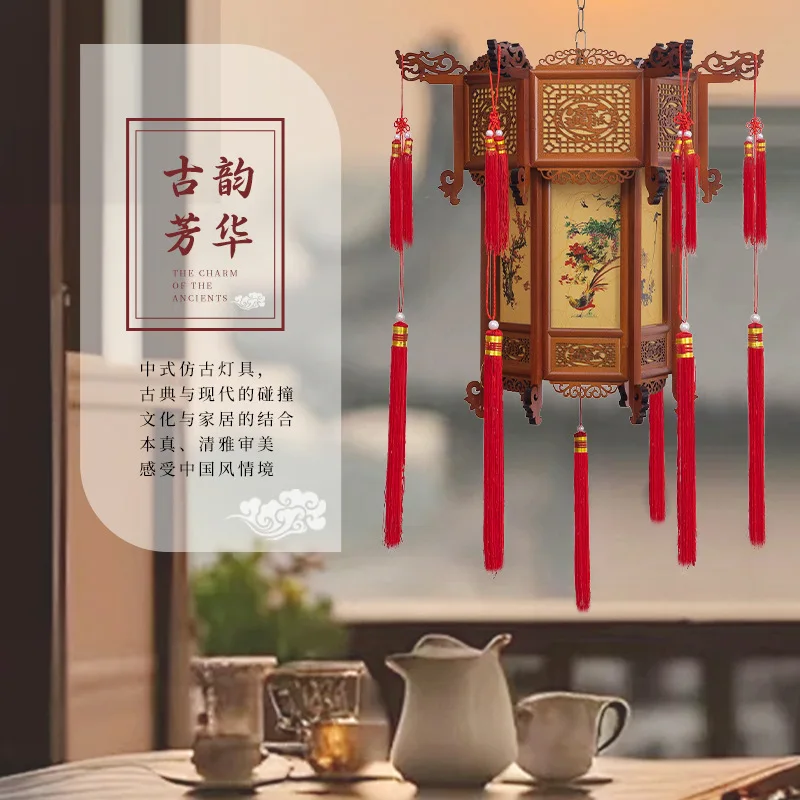 Hexagonal court wind palace lanterns Spring Festival antique gate flowers imitation sheepskin painted