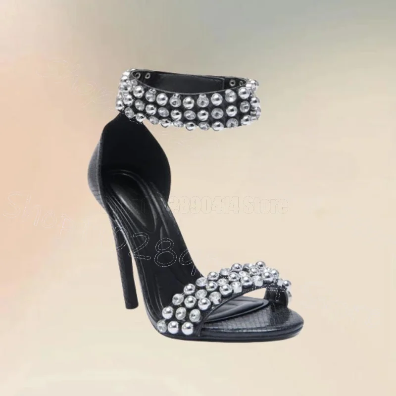 

Silver Round Beads Black Open Toe Sandals Hook and Loop Fastener Women Shoes Thin High Heels Sexy Party 2025 Zapatos Para Mujere