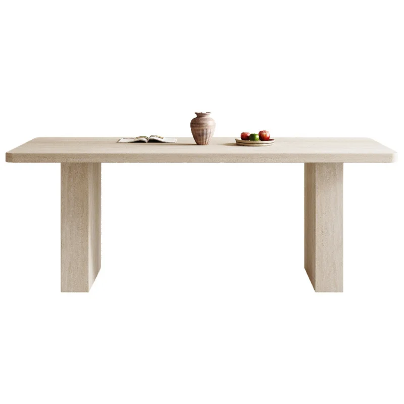 

Medieval travertine rock slab dining table and chair combination French wabi small apartment designer household rectangle