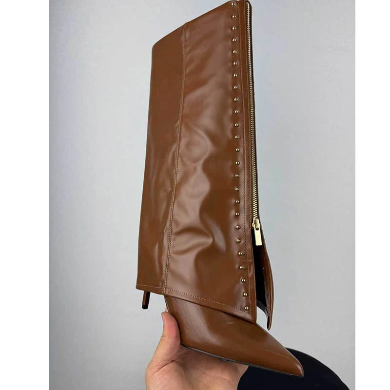 

Burgundy Gold-Tone Pointed Toe Stiletto Knee High Boots Woman Winter 2026 Brown Gold Rivets Front Zipper High Heel Trouser Boots