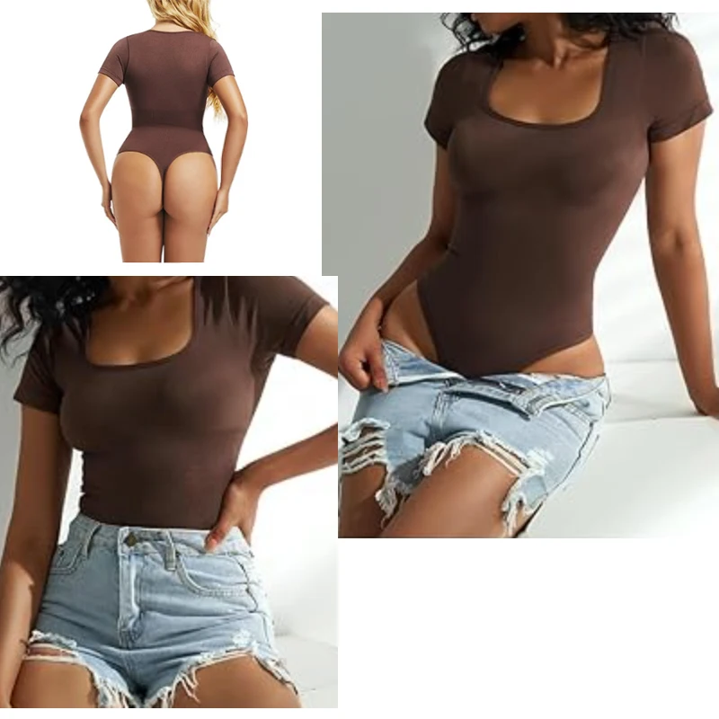 GUUDIA Short Sleeve Open Crotch Big U Neck Seamless Shapers Spandex Elastic Body Suit Shapewear Women Body Shaper Tummy Control