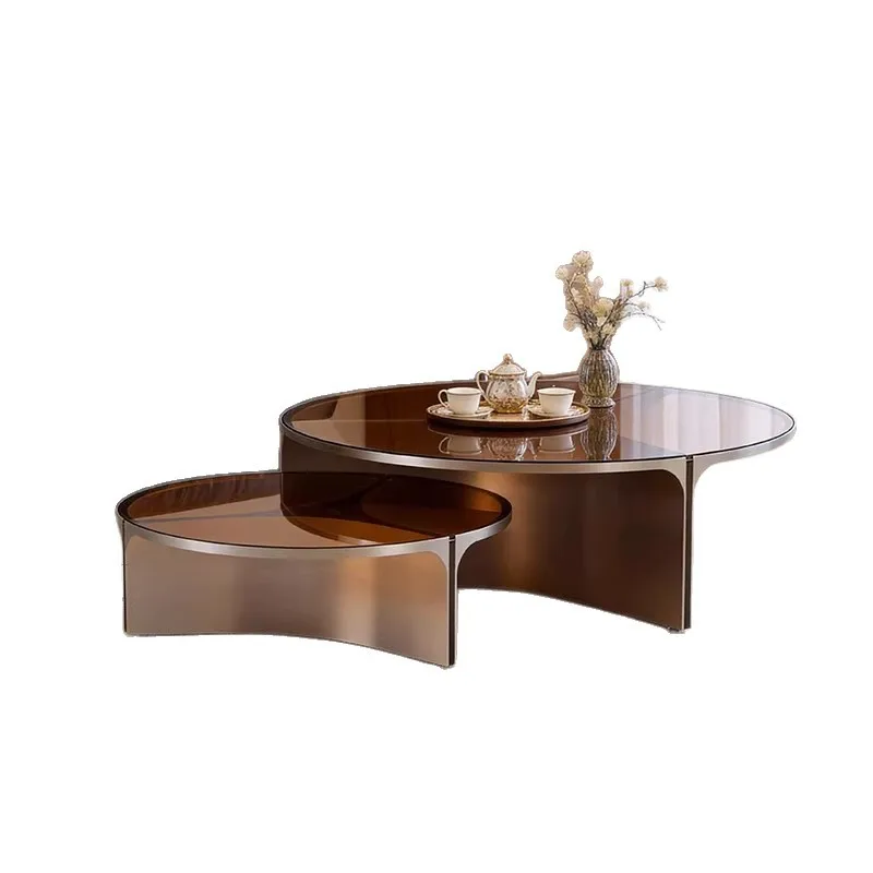 

steel round coffee table combination light luxury glass child and mother table modern high-end living room tea table
