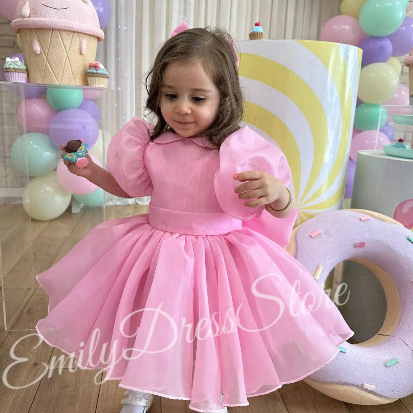 

Customized Pink Flower Girl Dress For Wedding Short Sleeves Mini Puffy With Bow Kids Birthday First Communion Baby Gown