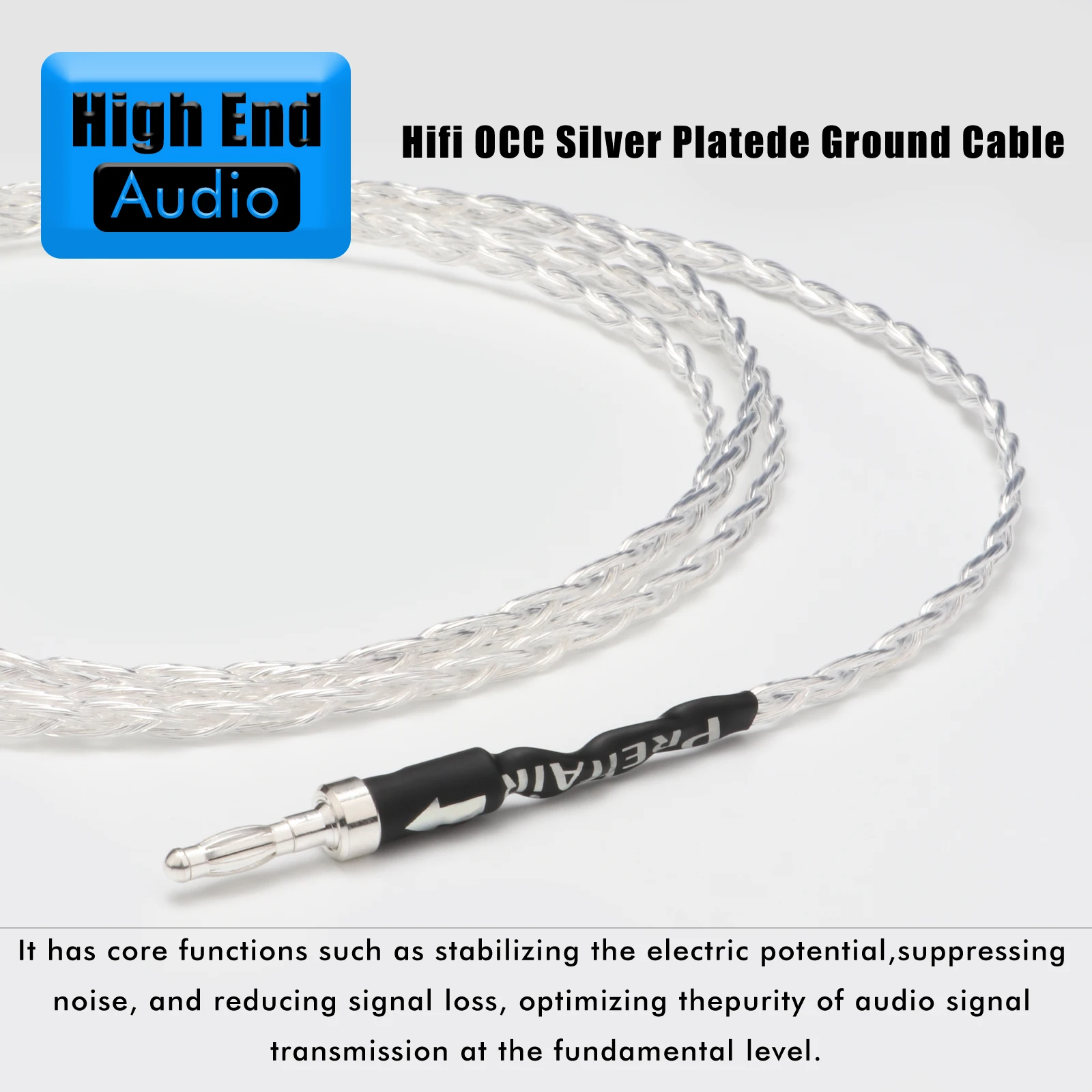 Preffair Silver Plated OCC 3 strand twisted Black wire mesh cover Ground Wire with Rhodium Plated Banana/Y Shape to Y Shape Plug