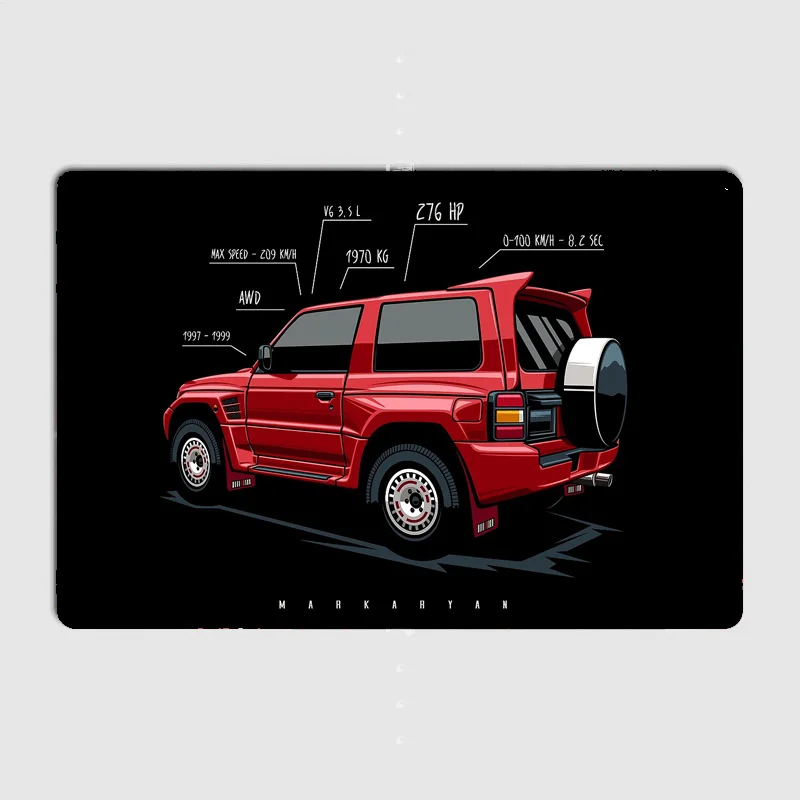 Red Pajero Evolution off-road Rally Cross Country Rally Car Metal Poster indoor outdoor Home Bar Tin Sign Room Wall Deco