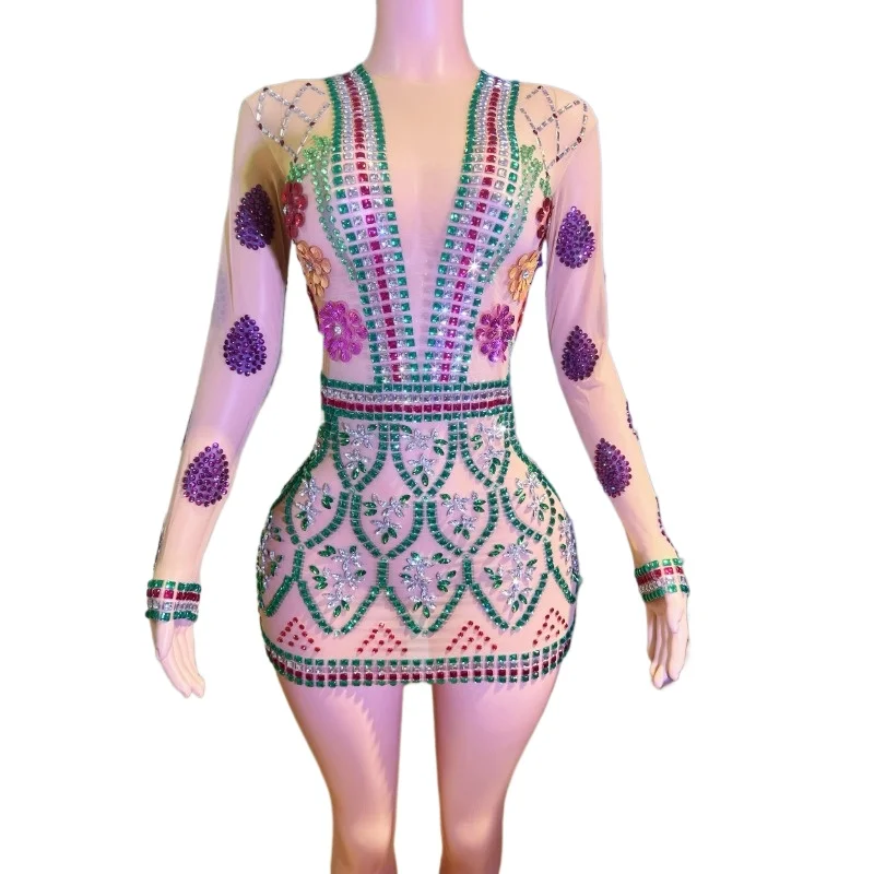 Sparkly Luxury Rhinestones Mesh See Through Cut Out Sexy Mini Dress Party Club Birthday Evening Celebrate Prom Gowns Stage Wear