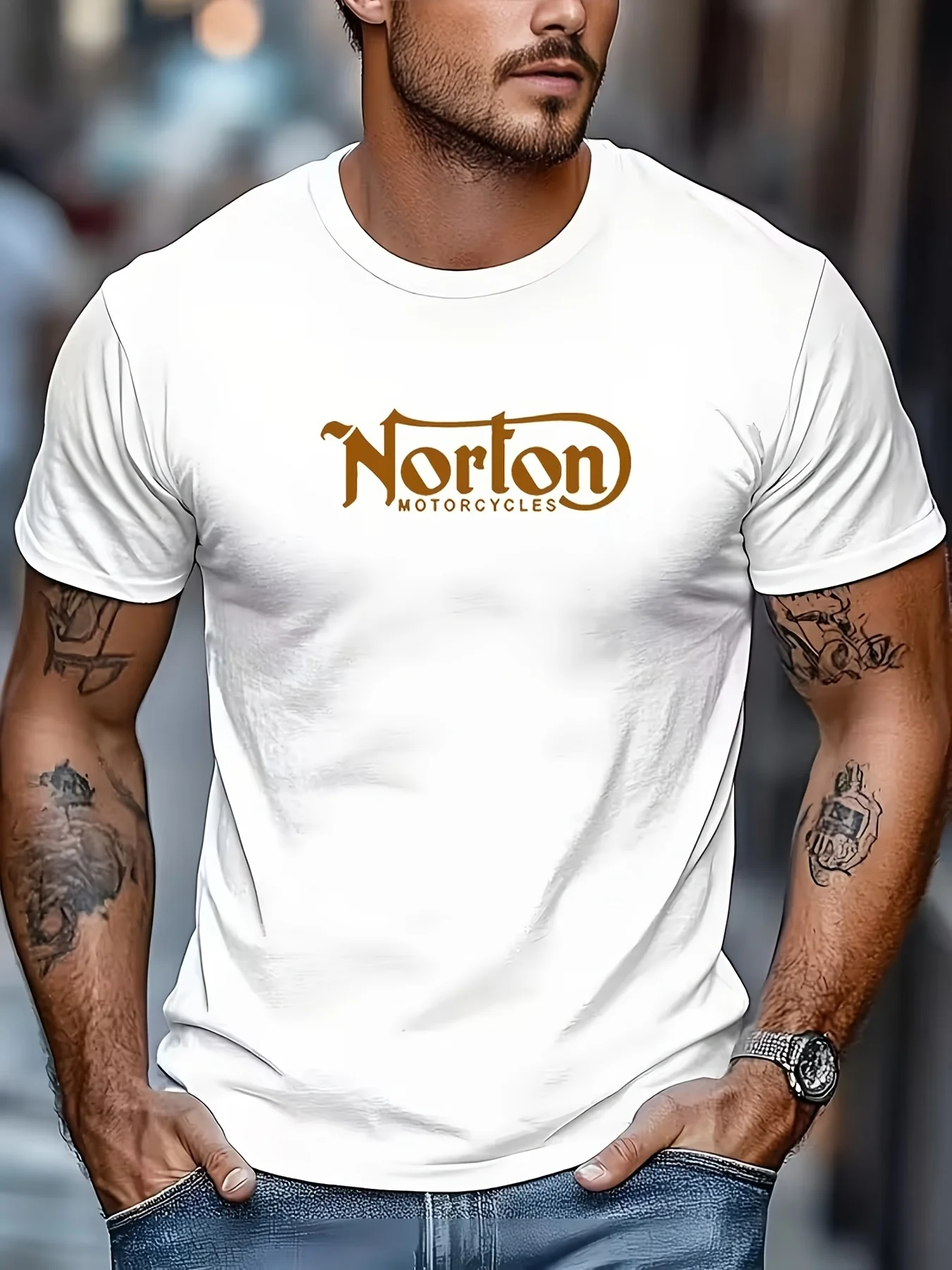 Men's Norton Motorcycle Pattern Summer Casual Round Neck Short T-Shirt