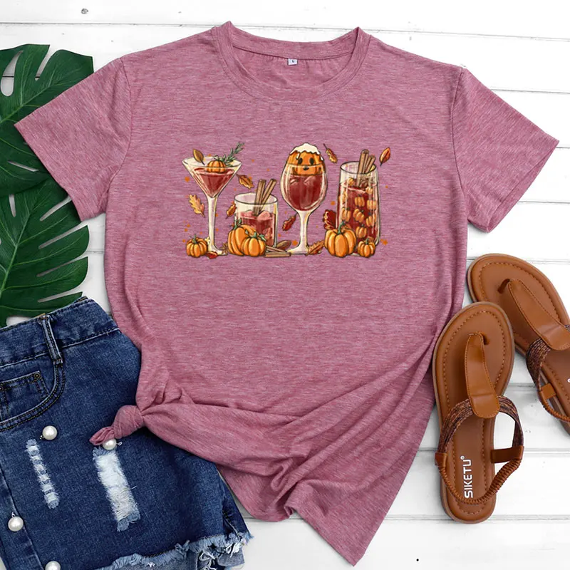 

Women's loween Pumpkin Drink Print Loose ort Sve T-irt Street Sle Cotton Polyester Blend Summer Top