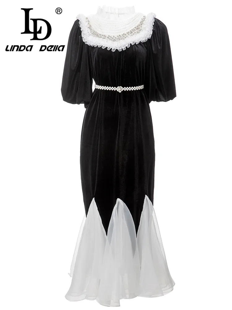 

LD LINDA DELLA 2023 Summer Italian Luxury Dress Women's Black white Beading Ruffled Belt Splice Chiffon Elegant Party Dress