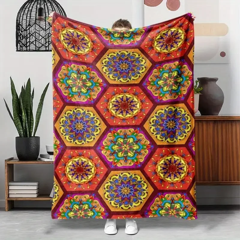 Retro multi-color hexagonal flowers Flannel printed blanket suitable for all seasons suitable for living room office sofa travel