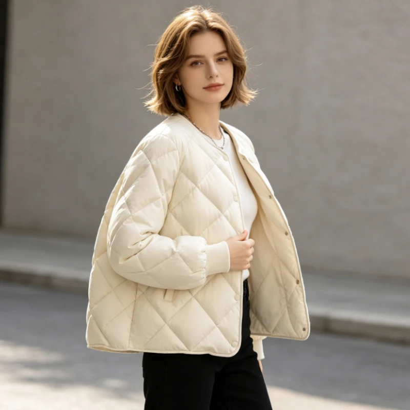 Women's Short Cotton Jacket  New Autumn Winter Lightweight Casual Long Sleve Diamond Pattern Thin All-Match Leisure Coat