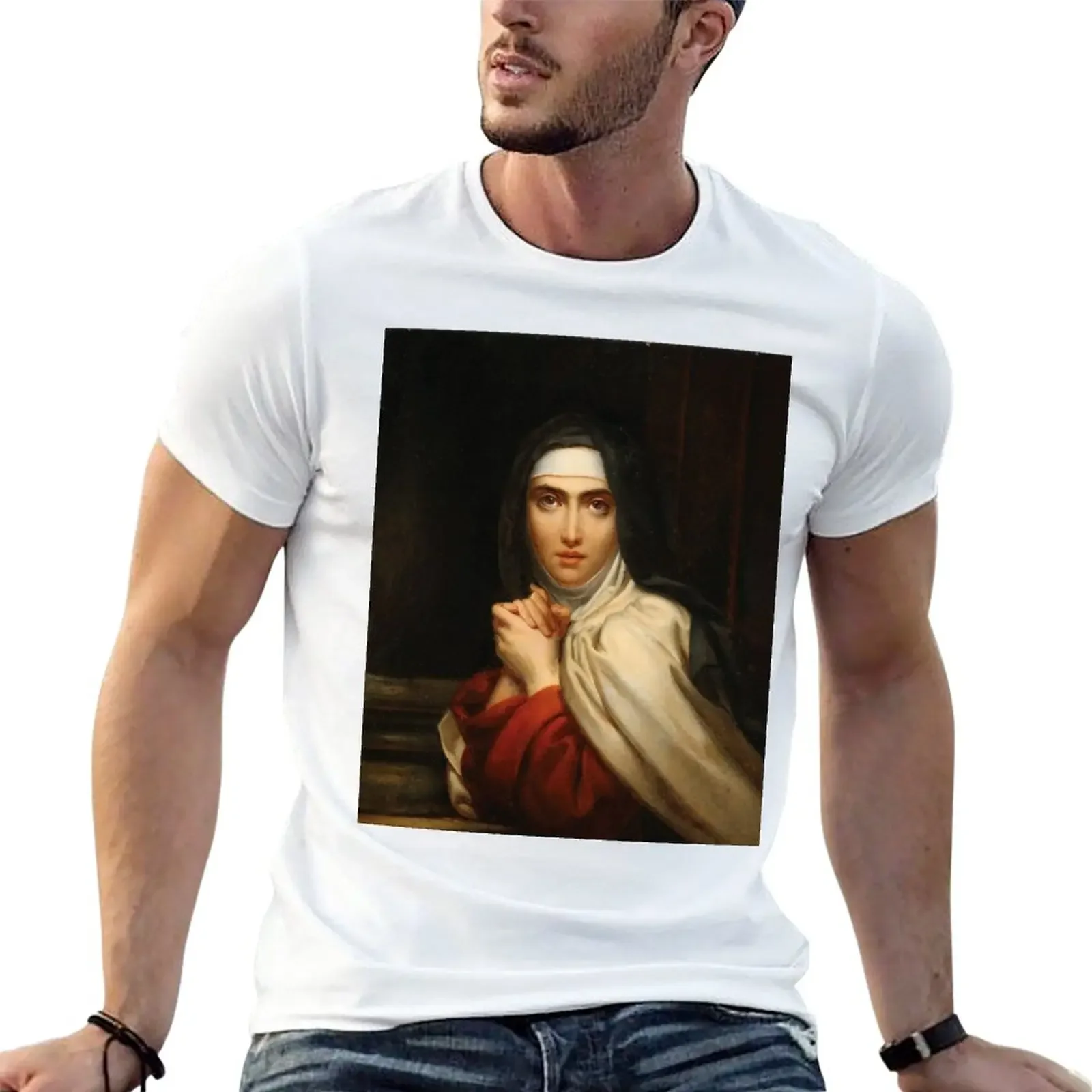 Men's t shirts harajuku graphic men clothing summer cotton funny tee top Saint Teresa Of Avila Painting T-Shirt oversized Blouse