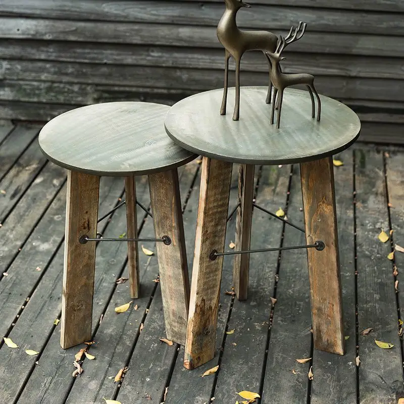 hh-Rustic Industrial Nesting Side Table, Round Concrete Top End Table, Stylish Small Coffee Tables for Living Room, Patio Decor^
