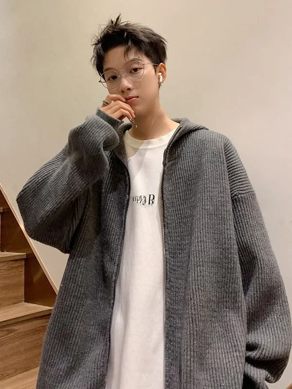 

Японский повседневный вязаный кардиган с капюшоном на молнии для мужчин, плотный флисовый свитер высокого качества, свободная верхняя одежда для отдыха