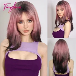 Long Straight Black Pink Ombre Layered Synthetic Wigs with Bangs for Women Afro Colorful Cosplay Wigs Heat Resistant Fake Hair