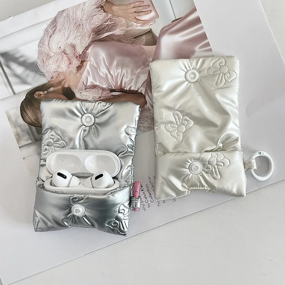 Balletcore Heart Earphone Bag Korean Style Soft Bow Headphone Storage Bag PU Leather Silver Bluetooth Headset Earphone Case Kids