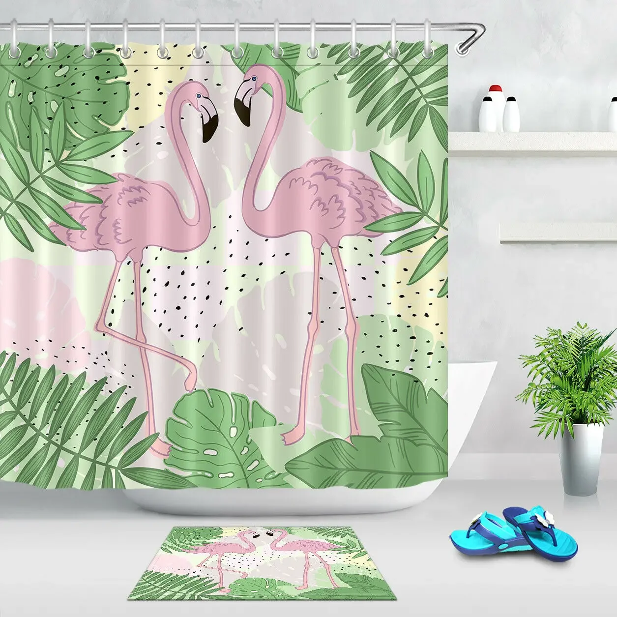 Flamingos Tropical Leaves Shower Curtain Set Bathroom Waterproof Fabric