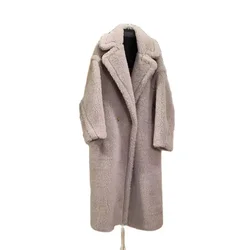 High Quality Coat Winter Women 20 Color Max Teddy Bear Long Length Real Sheep Wool Cashmere Silk Thick Warm Turn-Down Collar