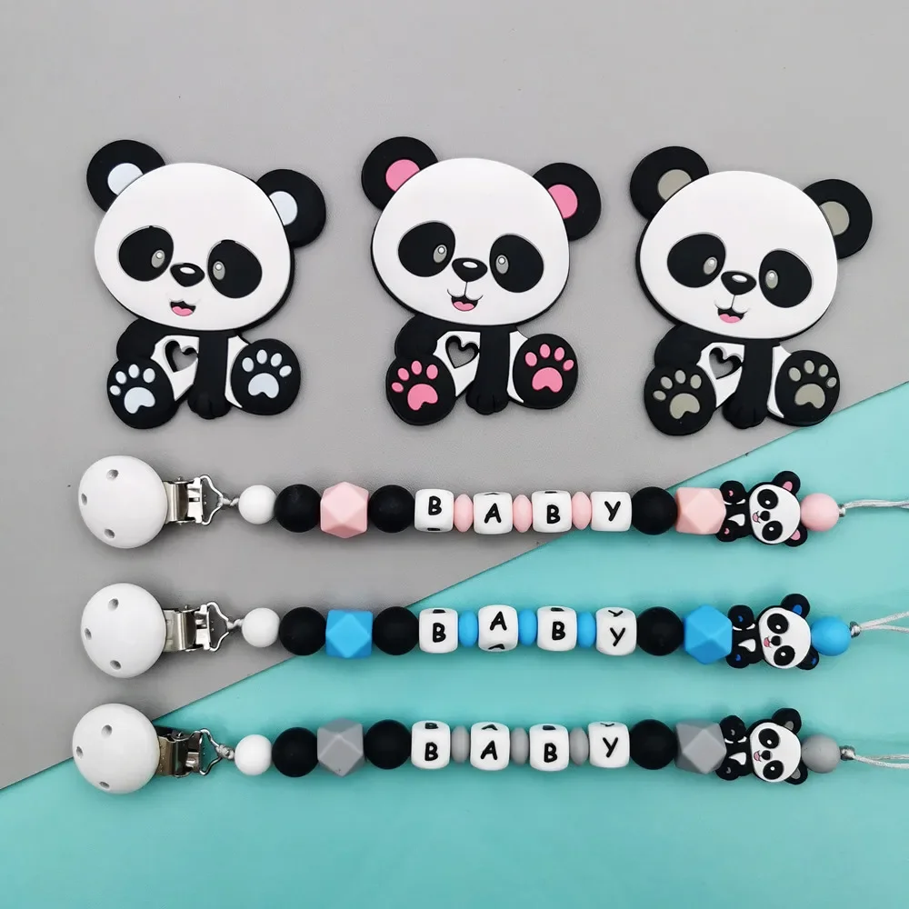 

Custom English Letters Name Baby Silicone Panda Pacifier Clips Chains Teether Pendants Baby Teething Kawaii Toys Gifts