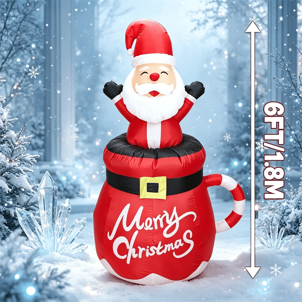 Santa Hot Cocoa Mug Inflatable Model Toy 6FT/1.8M Closed Eye Happy Santa Xmas Mug with LED Light Blow Up Garden Decor