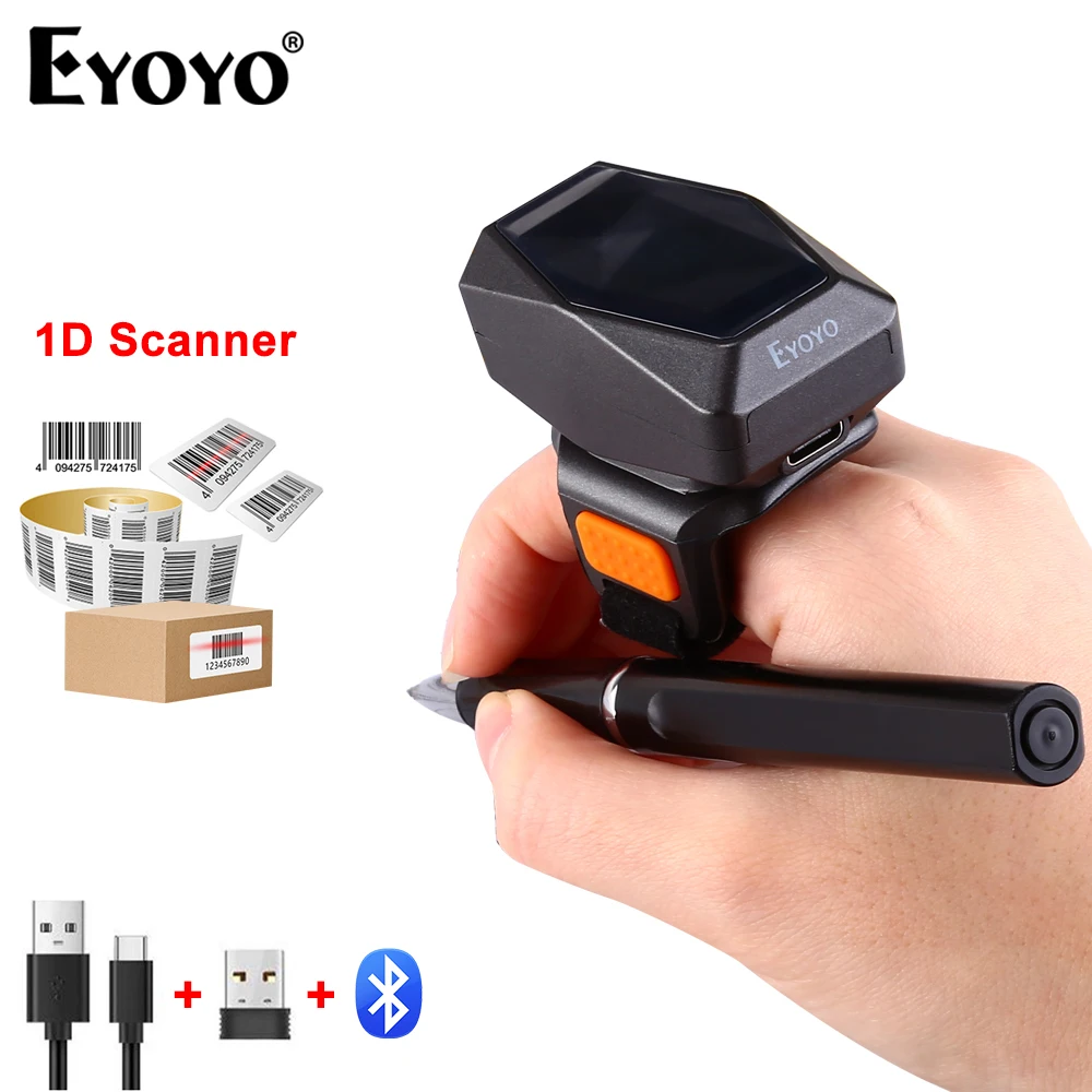 

Eyoyo EY-016 1D&2D Wearable Bluetooth Barcode Scanner USB Wired QR Reader For Store Warehouse Finger Trigger Buttton Scanning