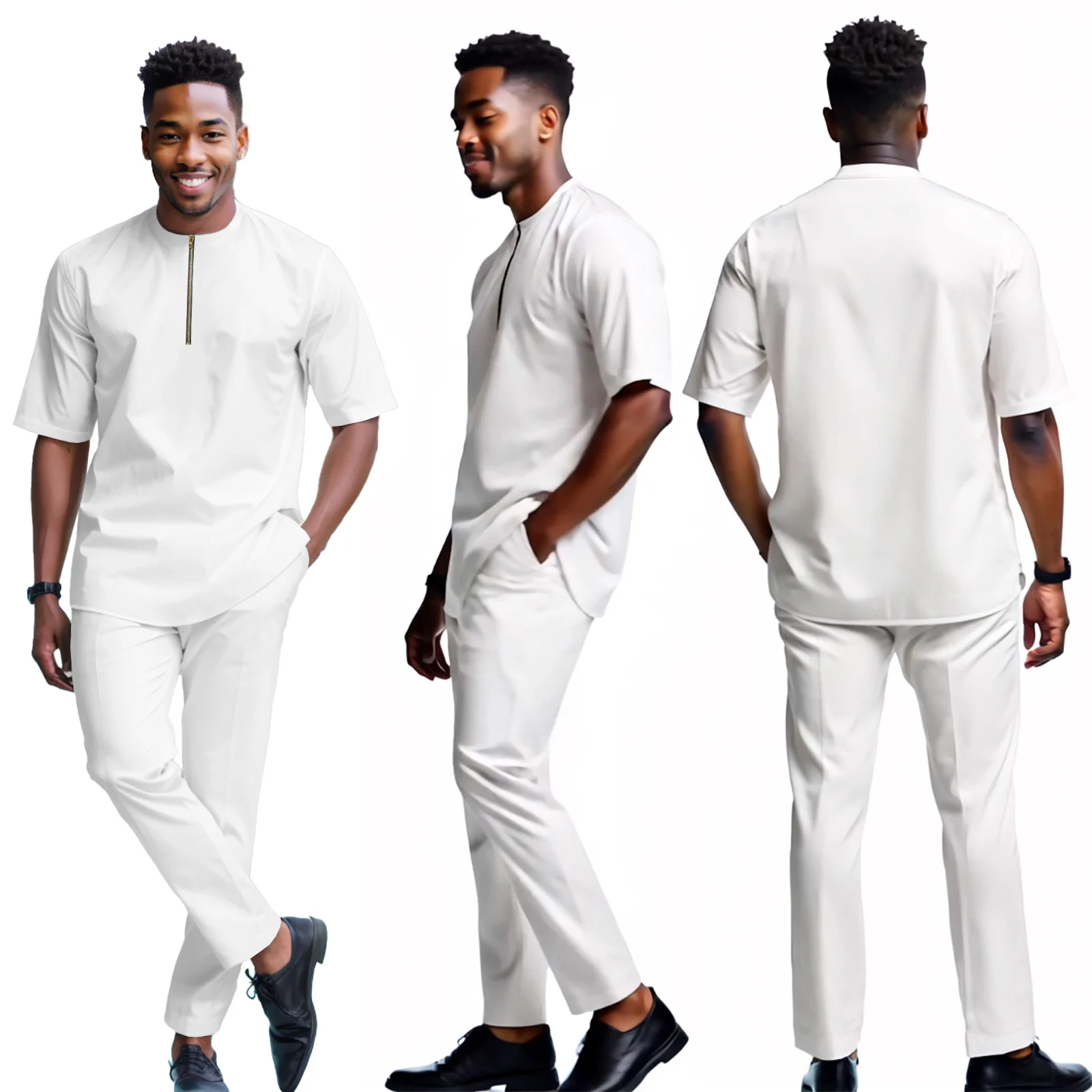 DBQ Men's 2 Pieces Cotton Solid Color Short Sleeve Shirts Casual Pants Set With Pockets BD166