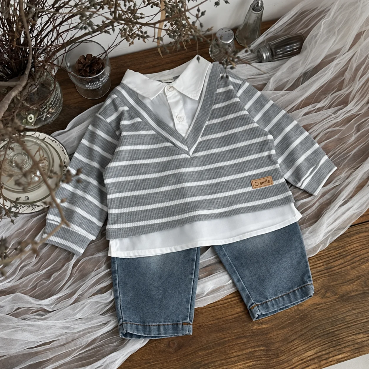 Toddler Boy Outfit Set Autumn, Fake Two Piece Striped Long Sleeve Top + Denim Pants Baby Boy Clothes Casual Wear