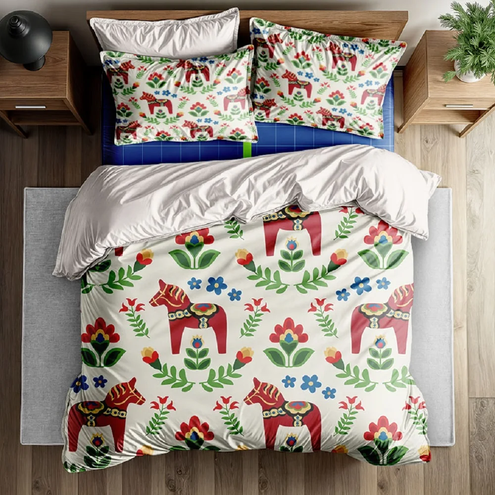 Swedish Dala Horses Duvet Cover Set EU Single Double King US Twin Full Queen Size Bed Linen Set