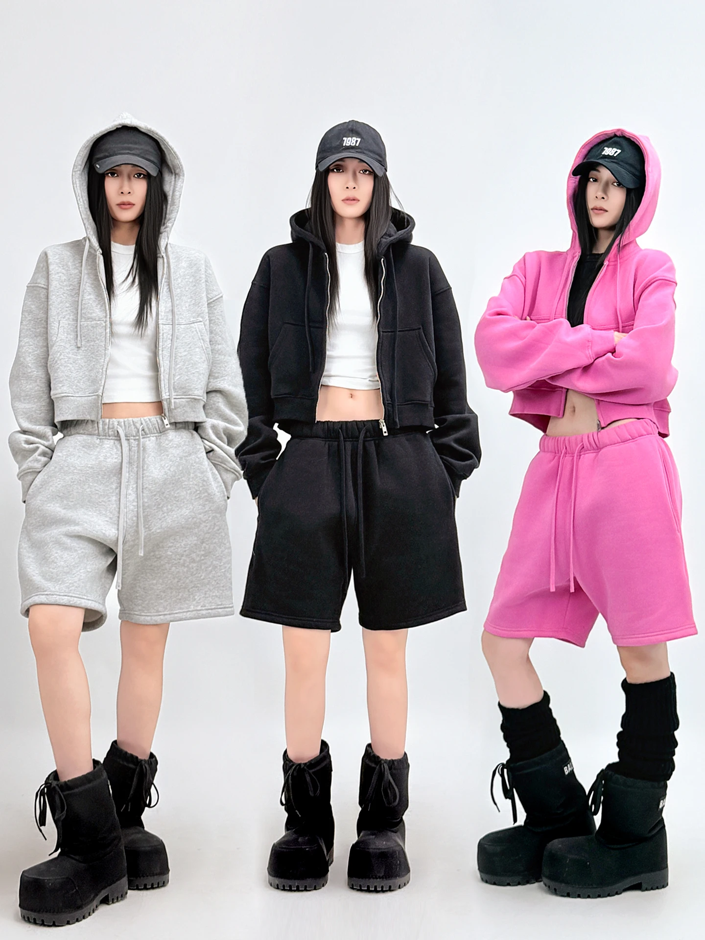 

Sun90 American Sle Cool Zipper Hoodie Five-Piece Pants Lazy Girl Loose Casual Sports Fce Two-Piece Set for Women