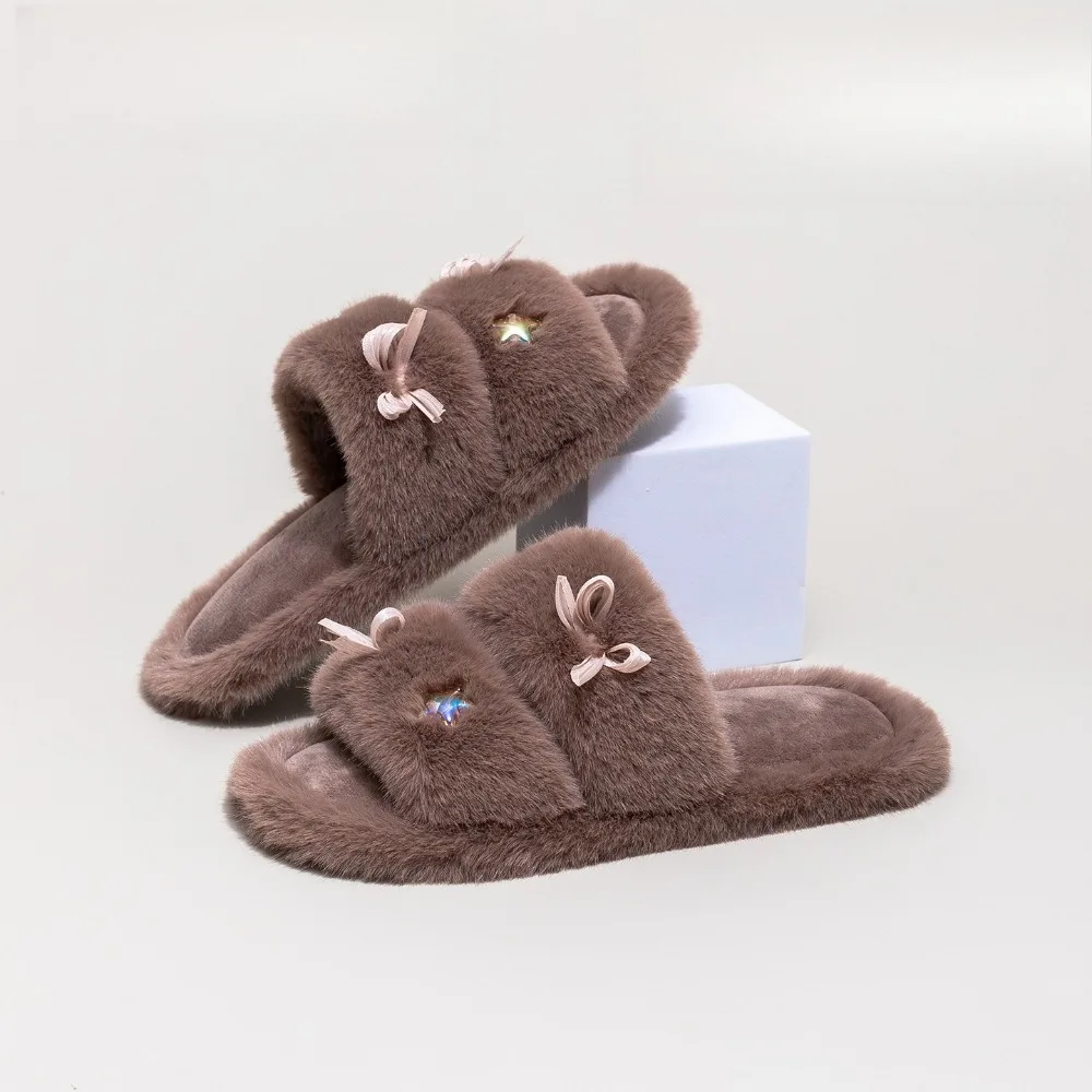 

New Women's Cotton Slippers for Autumn and Winter Indoor Home with Bowknot Furry Design Candy - colored Crystal Stars