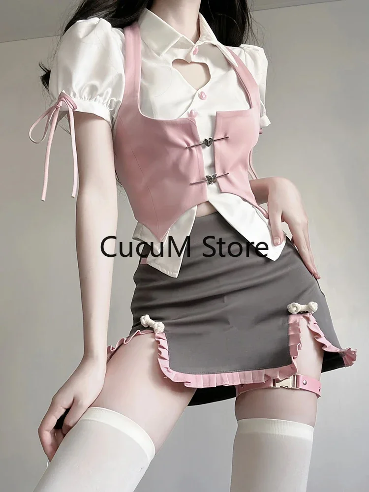 2023 Summer Women Japanese Fashion Gyaru Girl Design Outfits 3 Piece Set Short Sleeve Top Kawaii Vest Mini Skirt 2000s Aesthetic