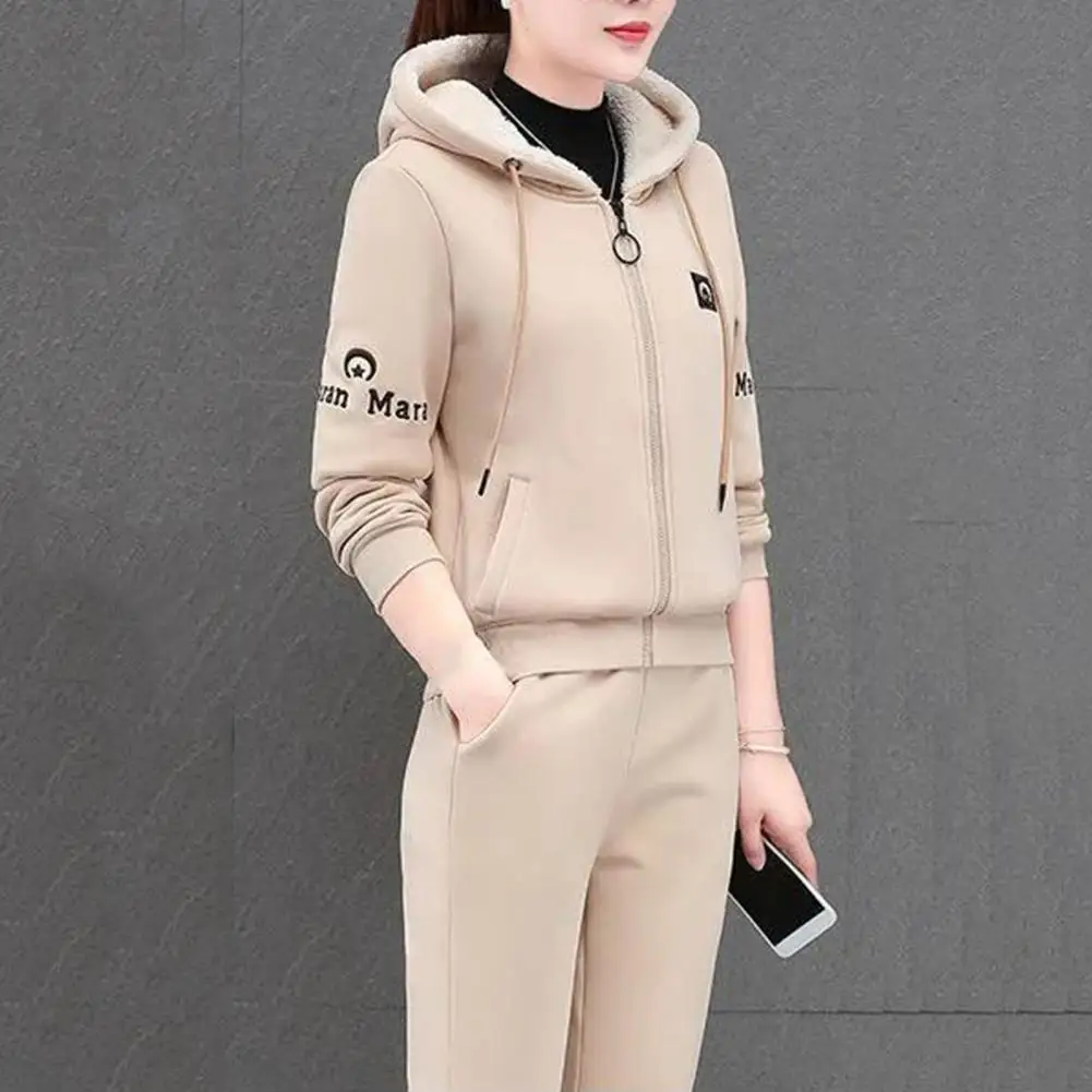 Fleece Warm Casual Sports Hooded Sweatshirt Set Letter Print Thermal Women Suit Plush Hoodie Sweatpants Winter Sports Suit