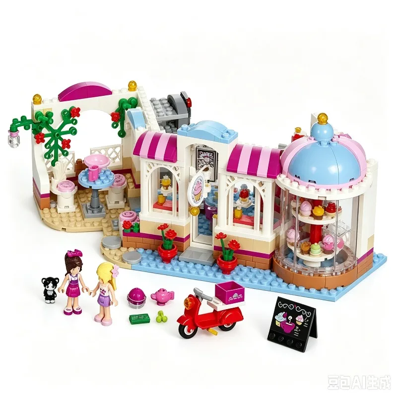 Girls Dessert Cafe Building Blocks Set, Ice‑cream Cake Shop Bricks Toy, City Street View Construction Toy for Kids