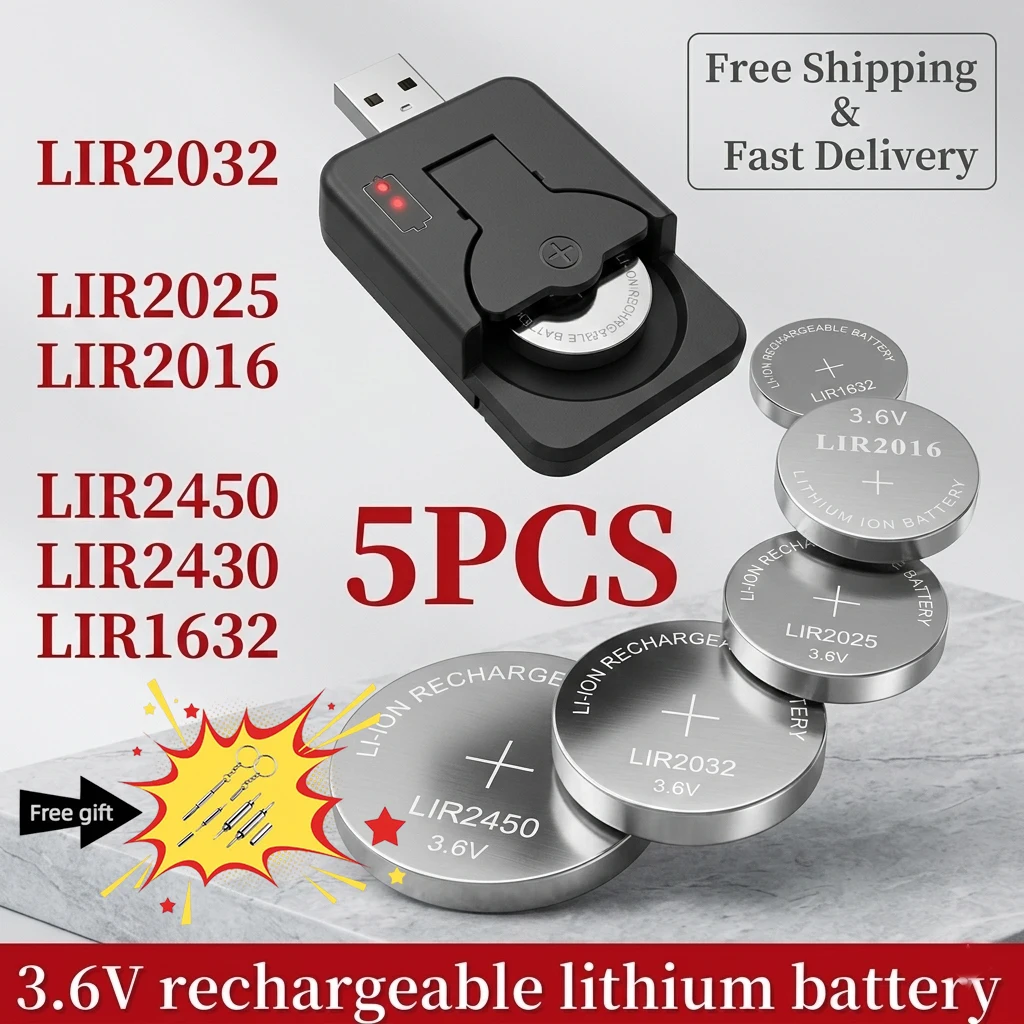 

5PCS LIR2032 LIR2025 LIR2016 LIR2450 LIR2430 3.6V Rechargeable Lithium Battery Replace CR2032 CR2025 CR2016 Button Cell