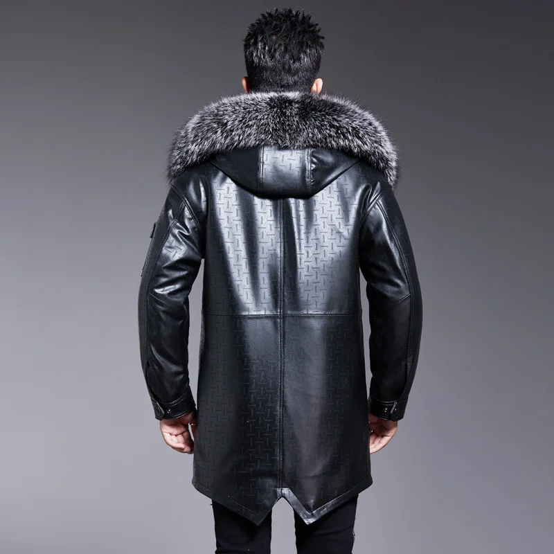 2022 New Genuine Leather Jacket Men Long Fox Fur Collar Sheepskin Shearling Coat Detachable Wool Liner Fashion Black Overcoat