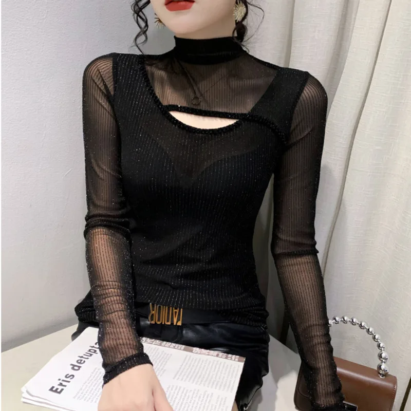 #8313 Black Red Purple Mesh T Shirt Women Tight Thin Elastic Turtleneck T Shirt Female Perspective Long Sleeve Irregular Tee