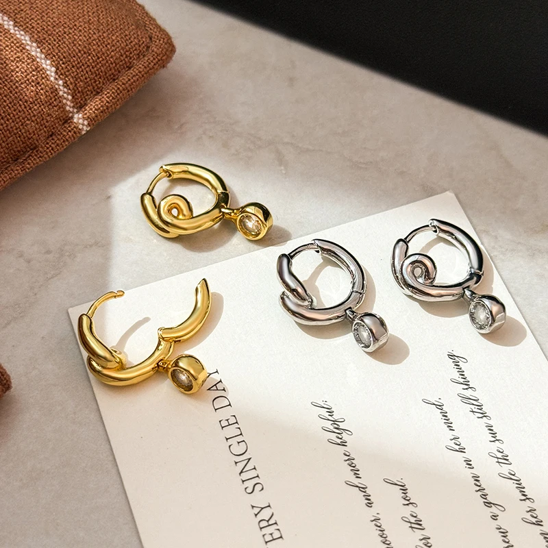 ENSHIR Metal Twisted Line Zircon Dangle Hoop Earrings for Women Temperament Classic Simple Niche Jewelry Gifts Wholesale