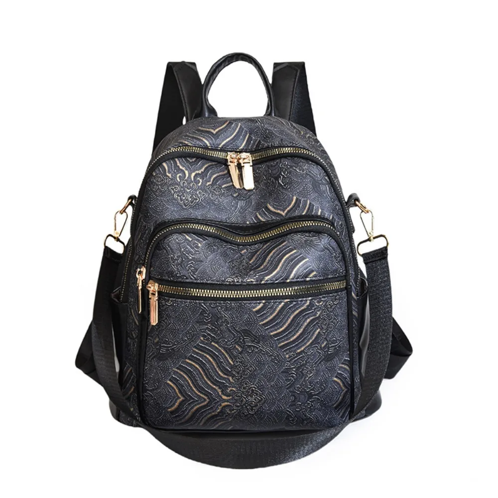 

Large Capacity Women Casual Backpack Pu Top Handle Ethnic Style Shoulder Bag Embroidery Printed All-match Mini Travel Backpack