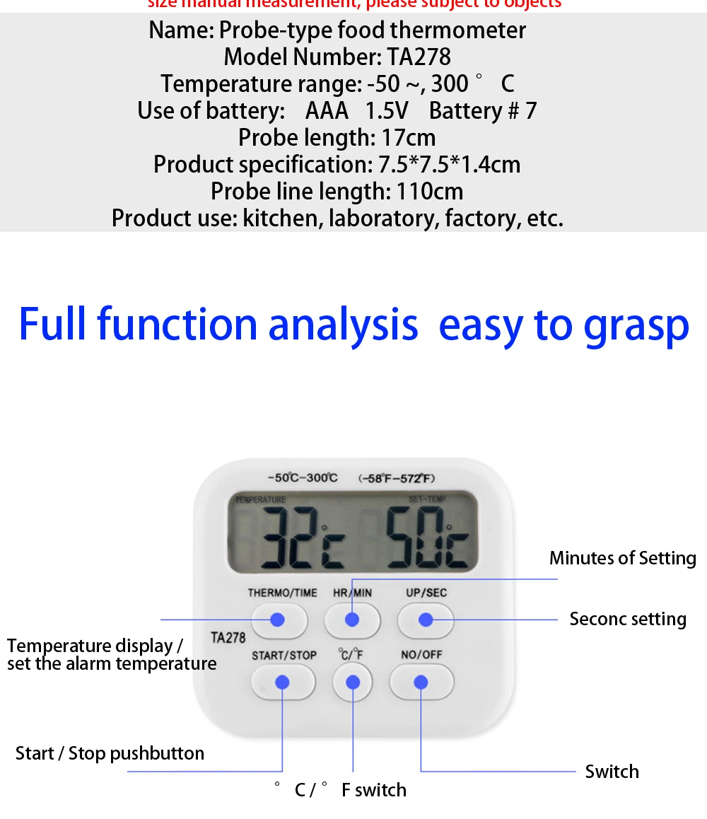 TA278 sonda in acciaio inox termometro da cucina digitale Timer carne BBQ temperatura cibo Barbecue strumenti di cottura con allarme