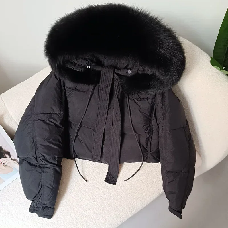 MENINA BONITA 2023 Thick Warm Duck Down Winter Jacket Women Real Fox Fur Raccoon Fur Collar Hooded Loose Streetwear Detachable