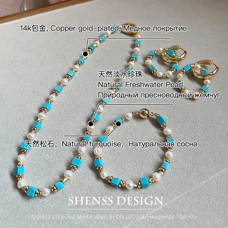 Collier de perles d\'eau douce turquoise naturelle, bracelet plaqué cuivre, accessoires en or 14 carats