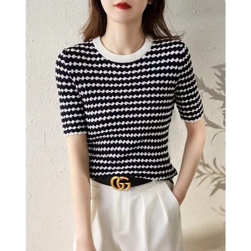 

summer Fashionable wave stripe knit ice silk short women's thin black T-shirt round collar half sleeve top