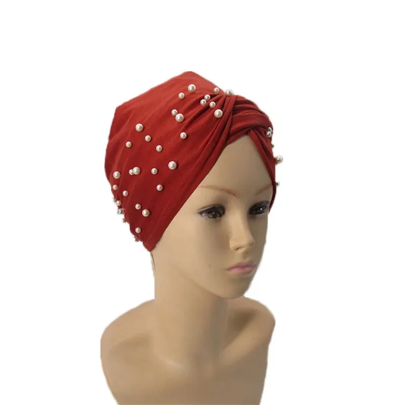 Miękkie zamszowe damskie perły Twist Turban Caps muzułmańskie koraliki hidżab Bonnet Femme Musulman nakrycie głowy indiański kapelusz Turbante Mejur