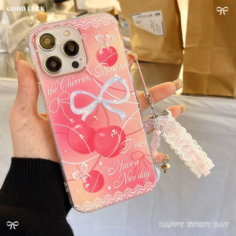 

Xiao Qingxin is suitable for Apple 17 pro max bow phone case high-end feel iPhone 15 Plus cherry lace protective case