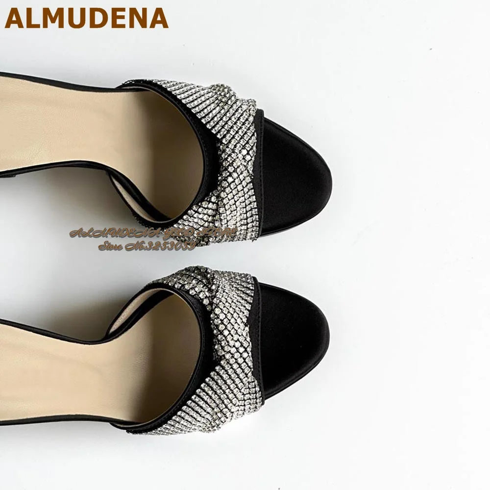 ALMUDENA Bling Bling Silver Crystal Butterfly-knot Modern Slippers Black Satin Cloth Chunky Heel Platform Glitter Sandals