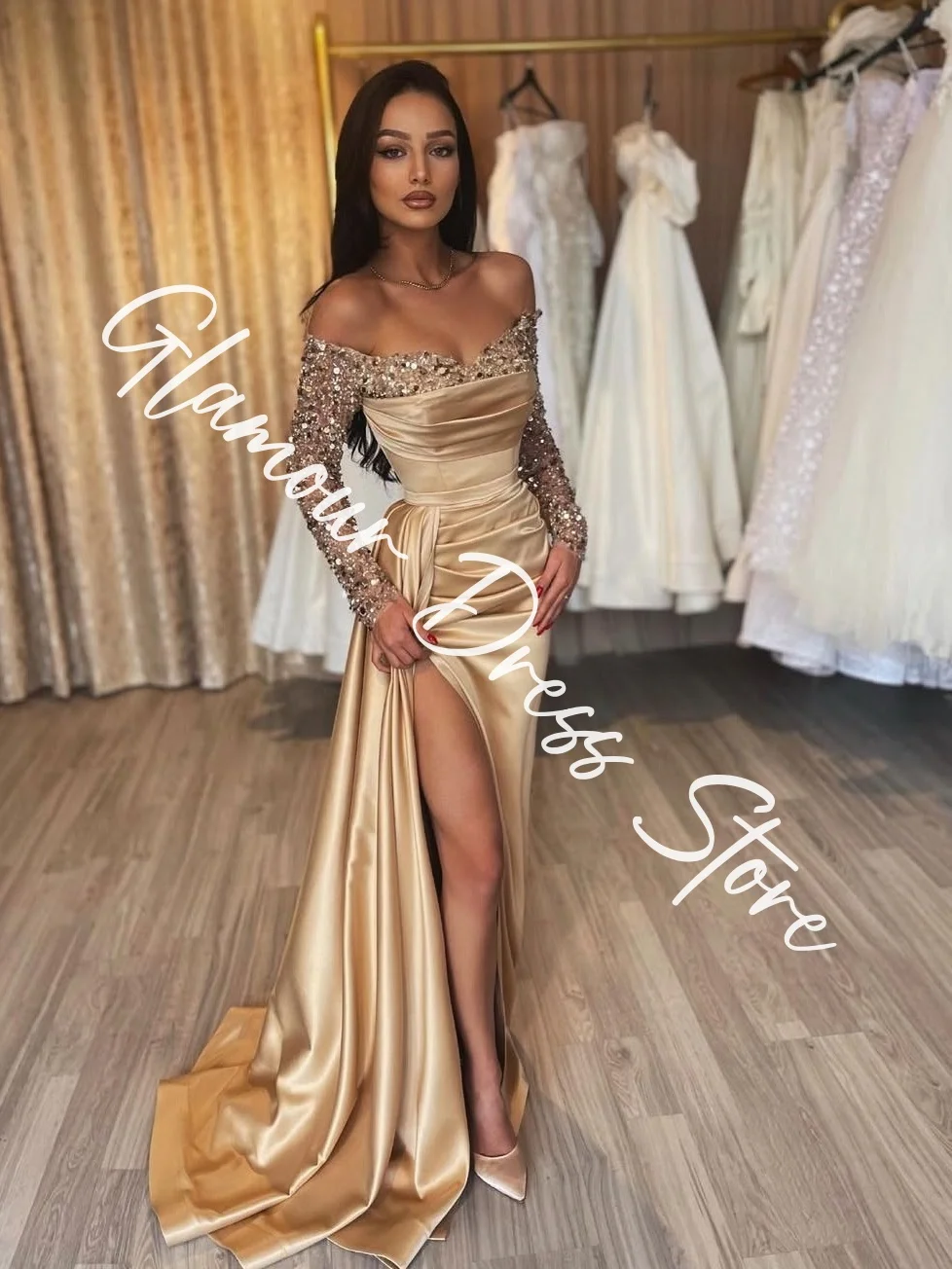 Customized Exquisite Satin Straight Off The Shoulder Sequined Evening Dresses Strapless Long Sleeves Panel Train Prom